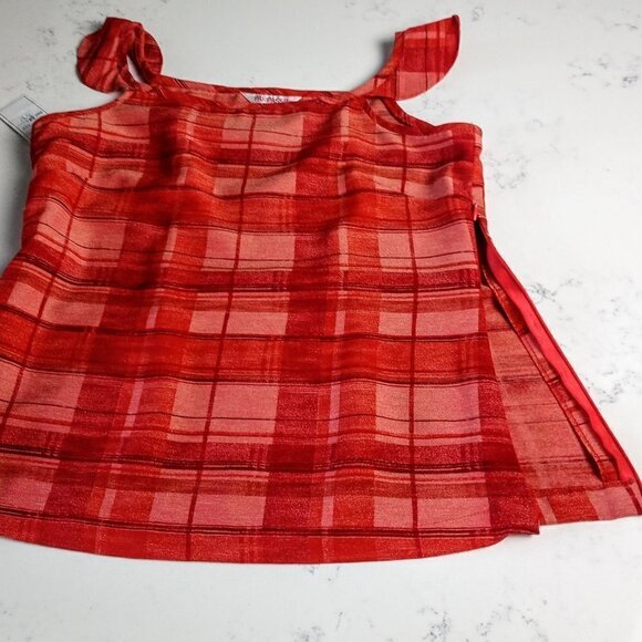 Pari Passu Red Plaid Cold Shoulder Flutter Sleeve Top NWT - Picture 4 of 6
